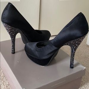 Satin Black Pumps with Crystal heel details